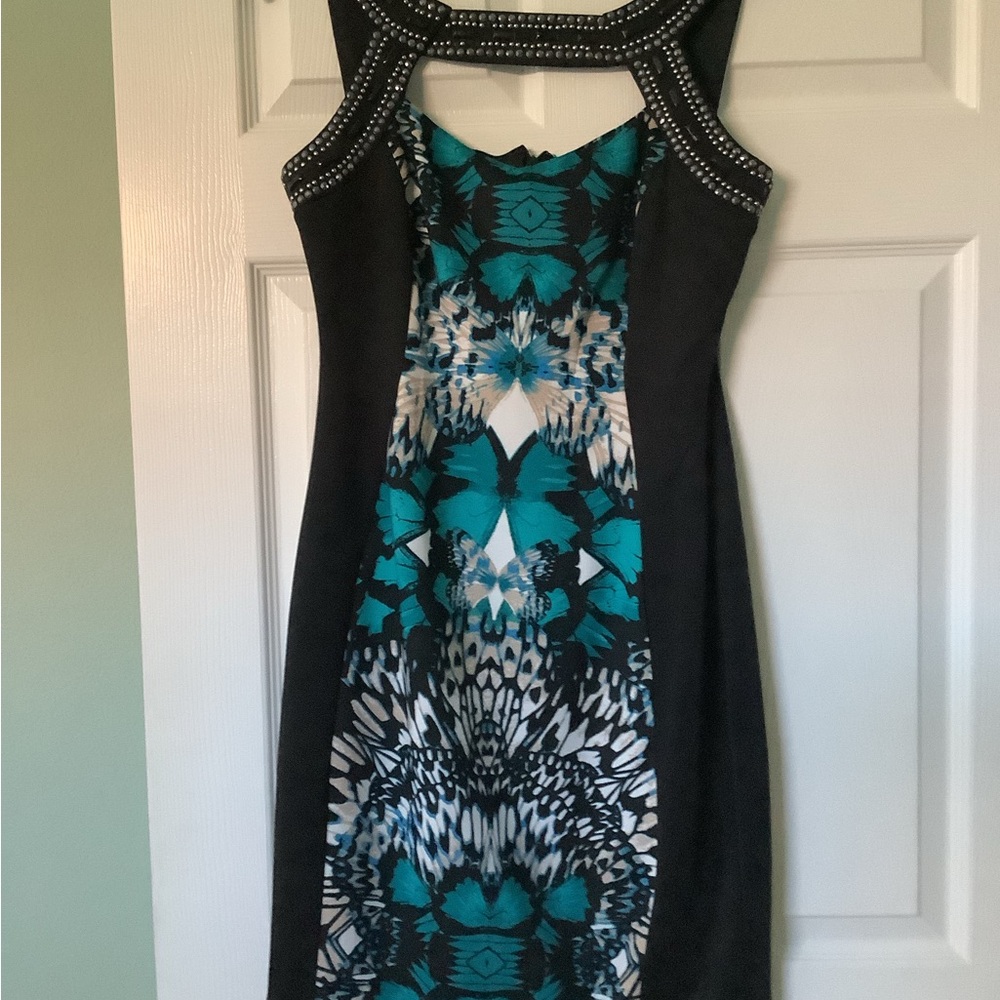 Elegant Black and Teal Patterned Dress